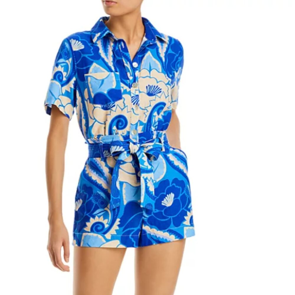 FARM Rio Blue & Cream Floral Short Sleeve Romper